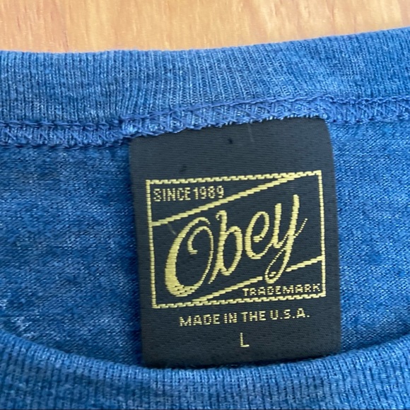 Obey Men’s Handcrafted Propaganda Logo Single Stitched Blue T-Shirt Large - Picture 7 of 8